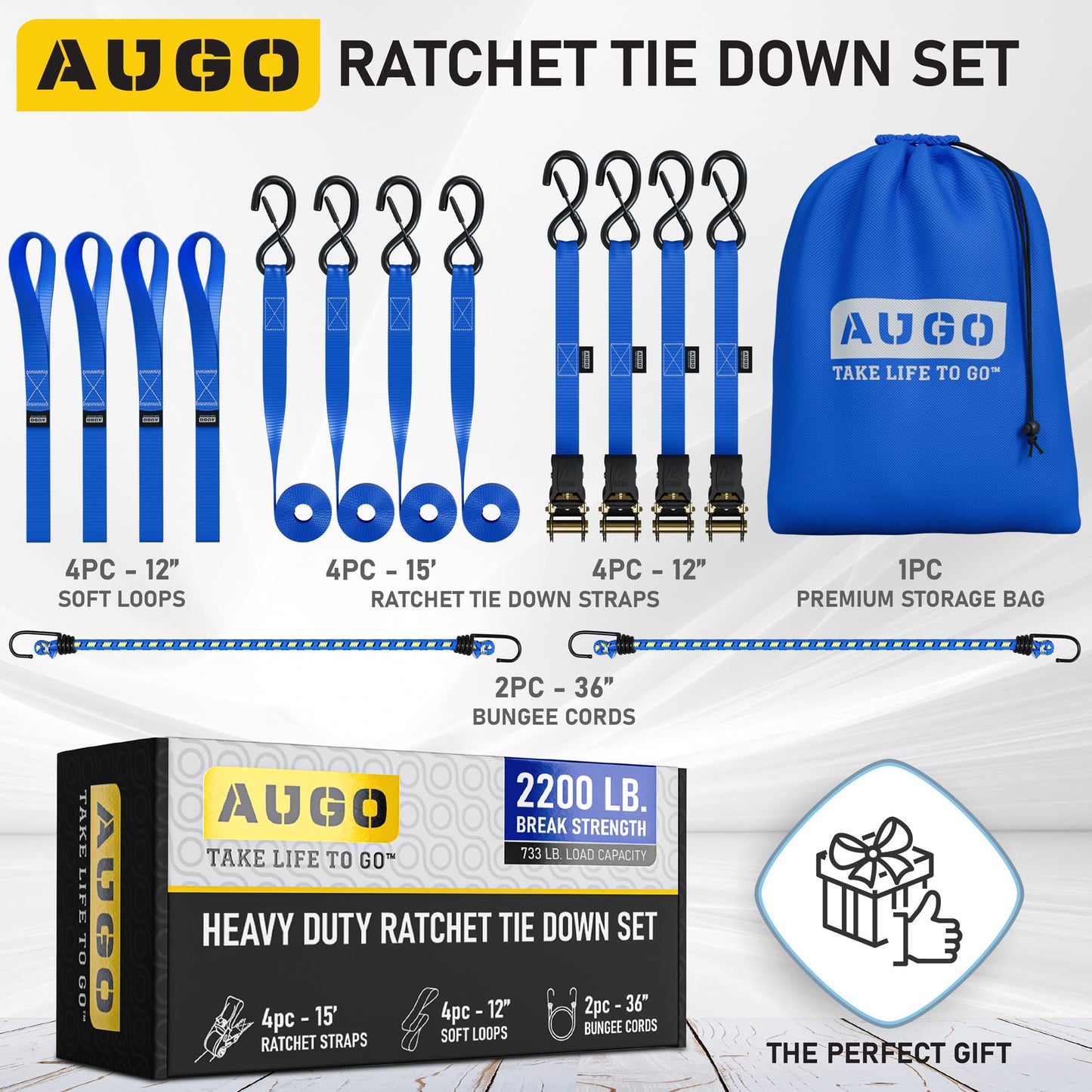 AUGO Ratchet Straps Heavy Duty 4 Pack -15 FT - 2200 LB Break Strength – Ratchet Tie Down Straps with Safety Lock S Hooks - Cargo Straps for Moving, Appliances, Motorcycle – Soft Loop Tie Down Straps