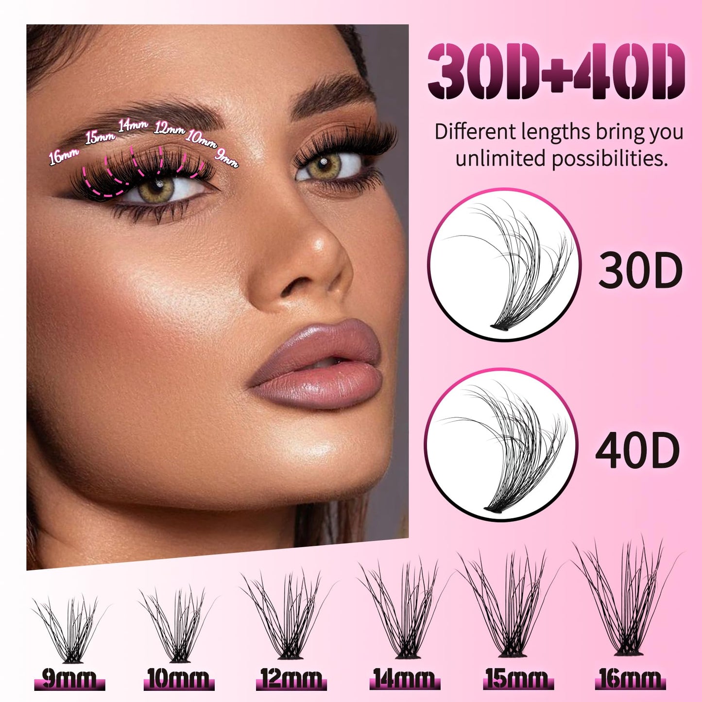 Veleasha Lash Clusters 240PCS Individual Lashes 30D+40D-9-16MIX Eyelash Clusters D Curl Clusters Lashes Fluffy Cluster Eyelash Extensions False Eyelashes DIY Eyelash Extension at Home(30D+40D,9-16MIX)