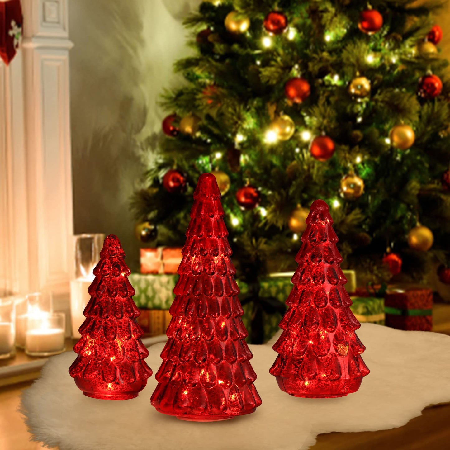 Costyleen 3PCS Christmas Ornaments Tree Set, Tower Shaped Glass Xmas Tree, Mercury Glass Tabletop Christmas Tree Decoration with LED Lights Home Table Decor Festive Gift 11.8in, 10.23in, 7.8in, Red