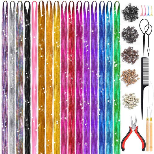 Hair Tinsel Kit (48 Inch, 16 Colors, 3200 Strands), Glitter Sparkling Tinsel Hair Extensions with Tools, Heat Resistant Fairy Hair Tinsel Kit for Women Girls Cosplay Party Festival Hair Accessories