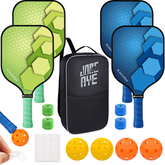 JoncAye Pickle-Ball Paddle Set of 4 USAPA Approved Rackets and Balls w/Racquet Bag, Grip Tape, Ball Retriever | Pickle-Ball Equipment for Outdoor Indoor Play, Pickleball Kit for Beginner