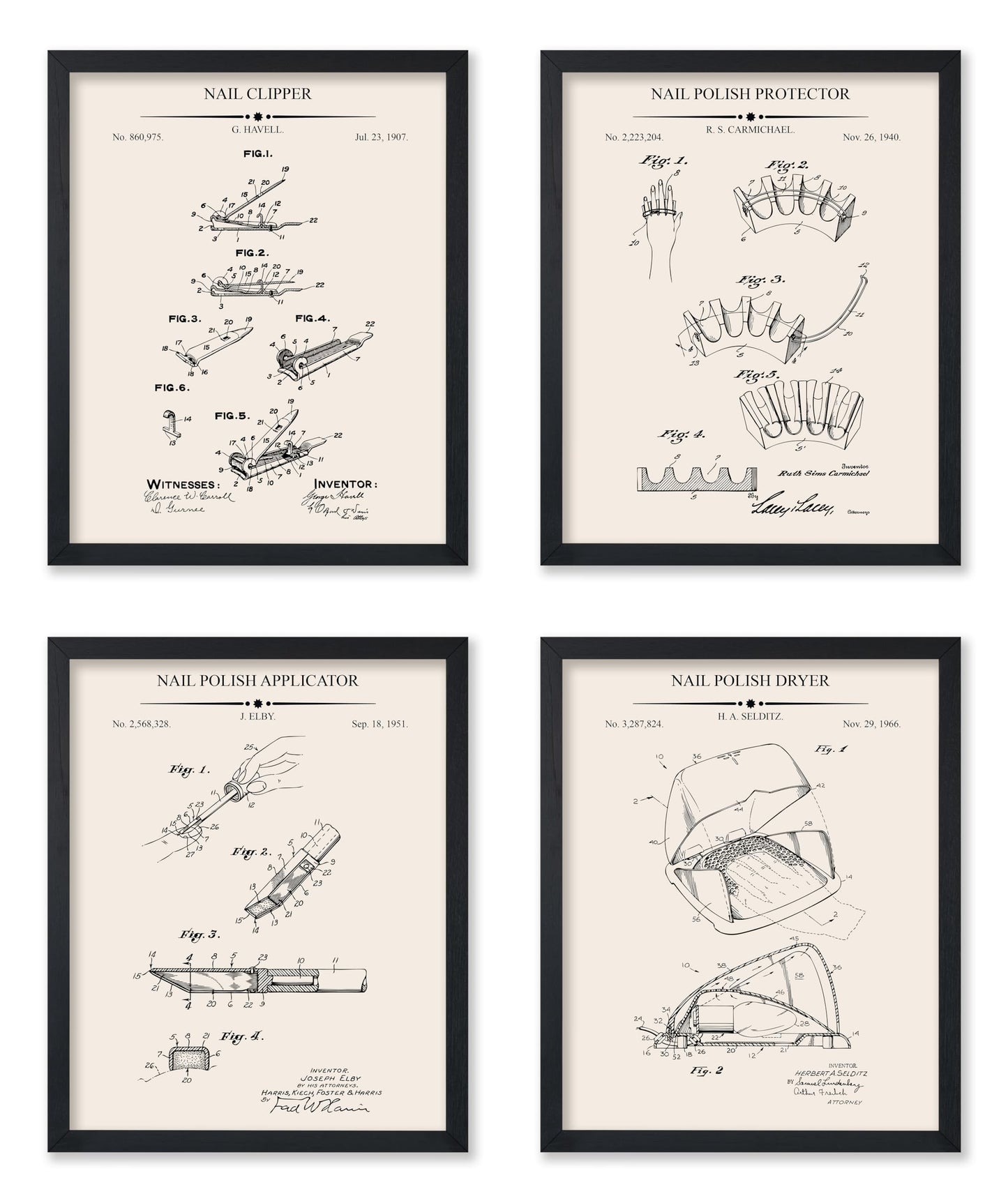 Poster Master 4-Piece Nail Clipper Blueprint Poster - Nail Polish Protector Patent Print - Polish Applicator Art - Dryer Art - Salon Art - Technical Drawing Art - Salon Decor, 16x20 Black Framed