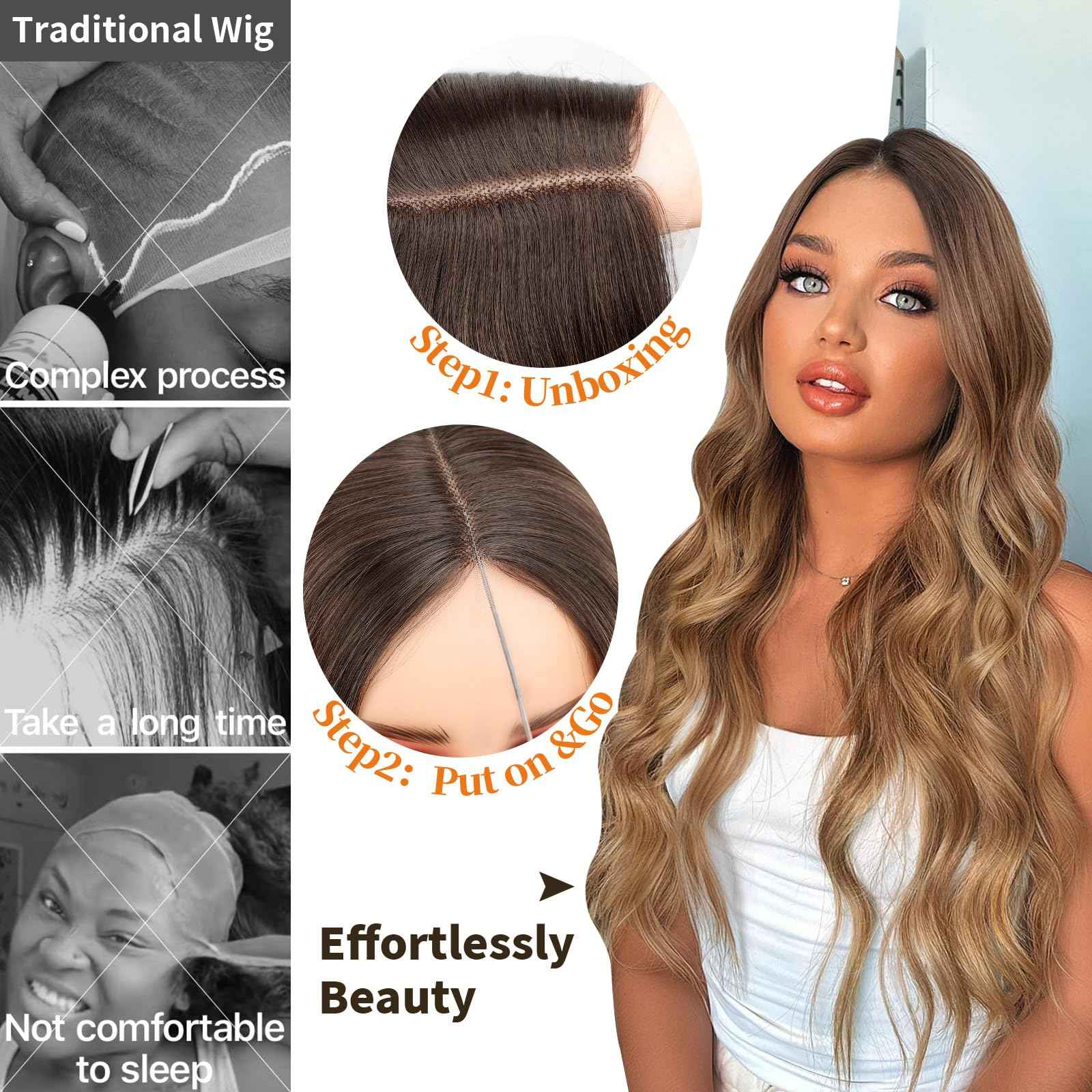 Nnzes Long Ombre Brown Gold Mixed Honey Blonde Wavy Wig 4x1 Lace Natural Hairline Middle Part Curly Heat-Resistant Synthetic Fiber for Women & Beginners Daily Party Use 26In