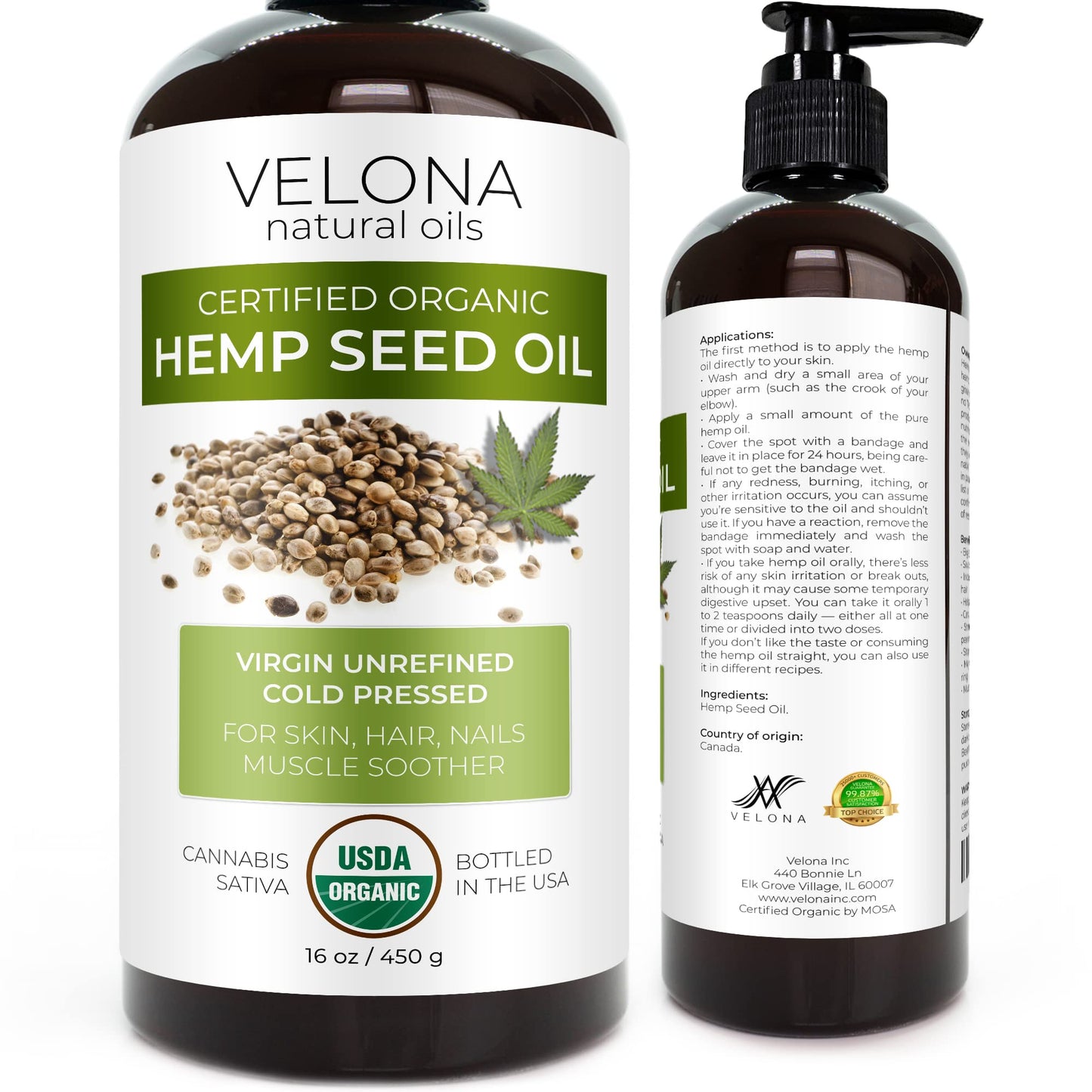 velona Hemp Seed Oil USDA Certified Organic - 16 fl oz | 100% Pure and Natural Carrier Oil | Unrefined, Cold Pressed | Hair, Body, Face & Skin Care | Use Today - Enjoy Results