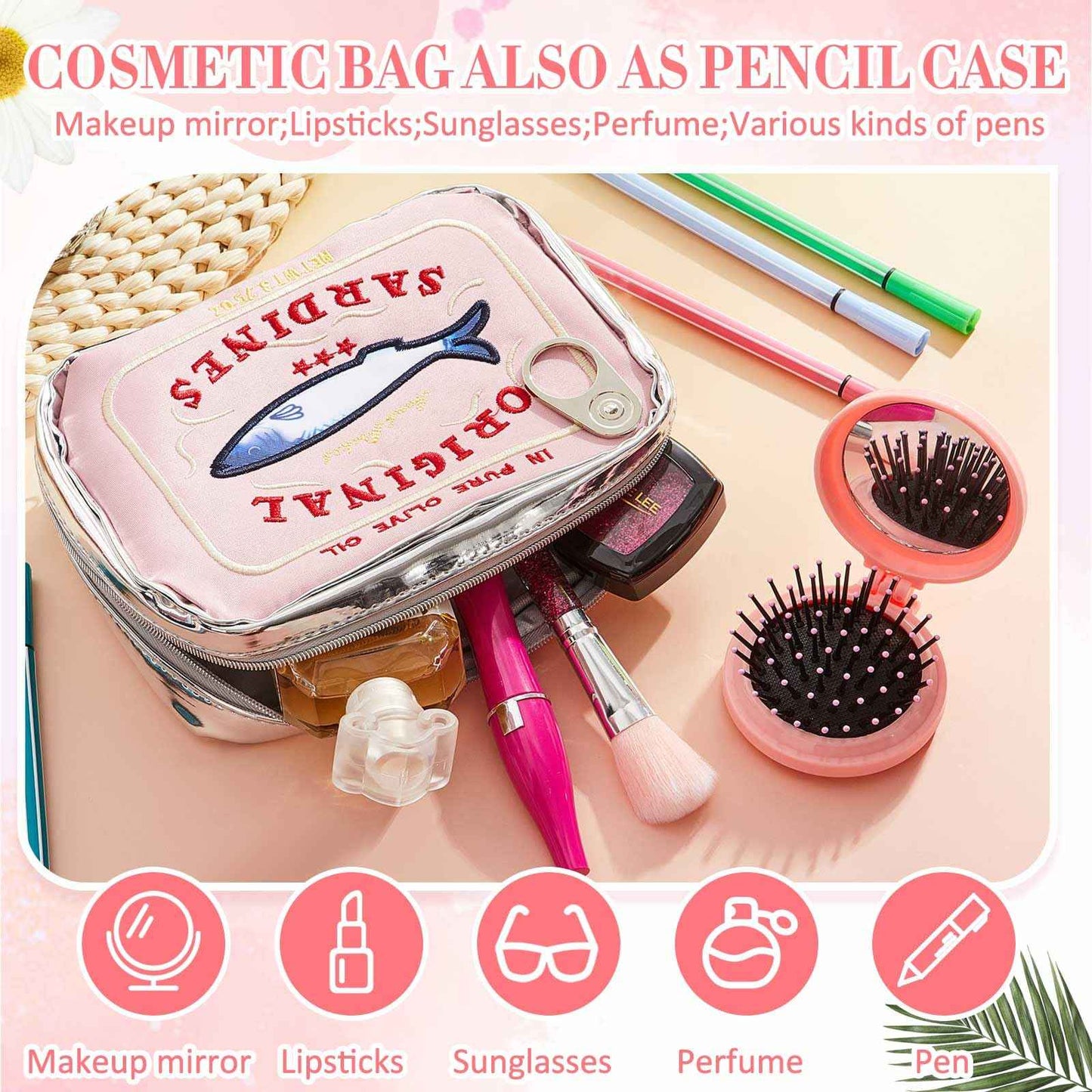 Reginary 2 Pcs Pink Canned Sardines Makeup Bag and Mini Hair Brush with Mirror Cute Cosmetic Bag Folding Hair Brush Kawaii Pencil Case Pouch Portable Travel Toiletry Bag Funny Waterproof for Women