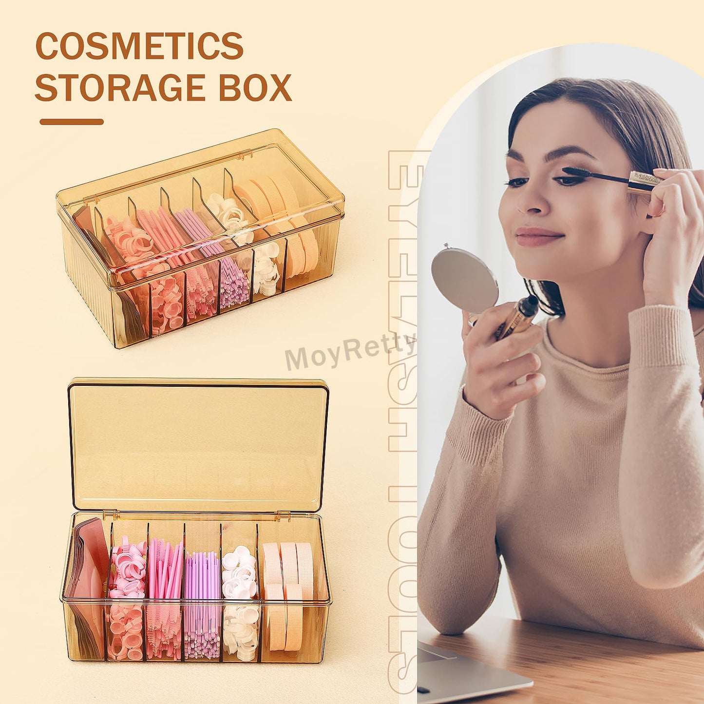 MoyRetty Acrylic Lash Extension Organizer, Large Capacity Eyelash Extension Supplies Storage Container Box, Neatly Store and Organize Your Lash Supplies (Amber)