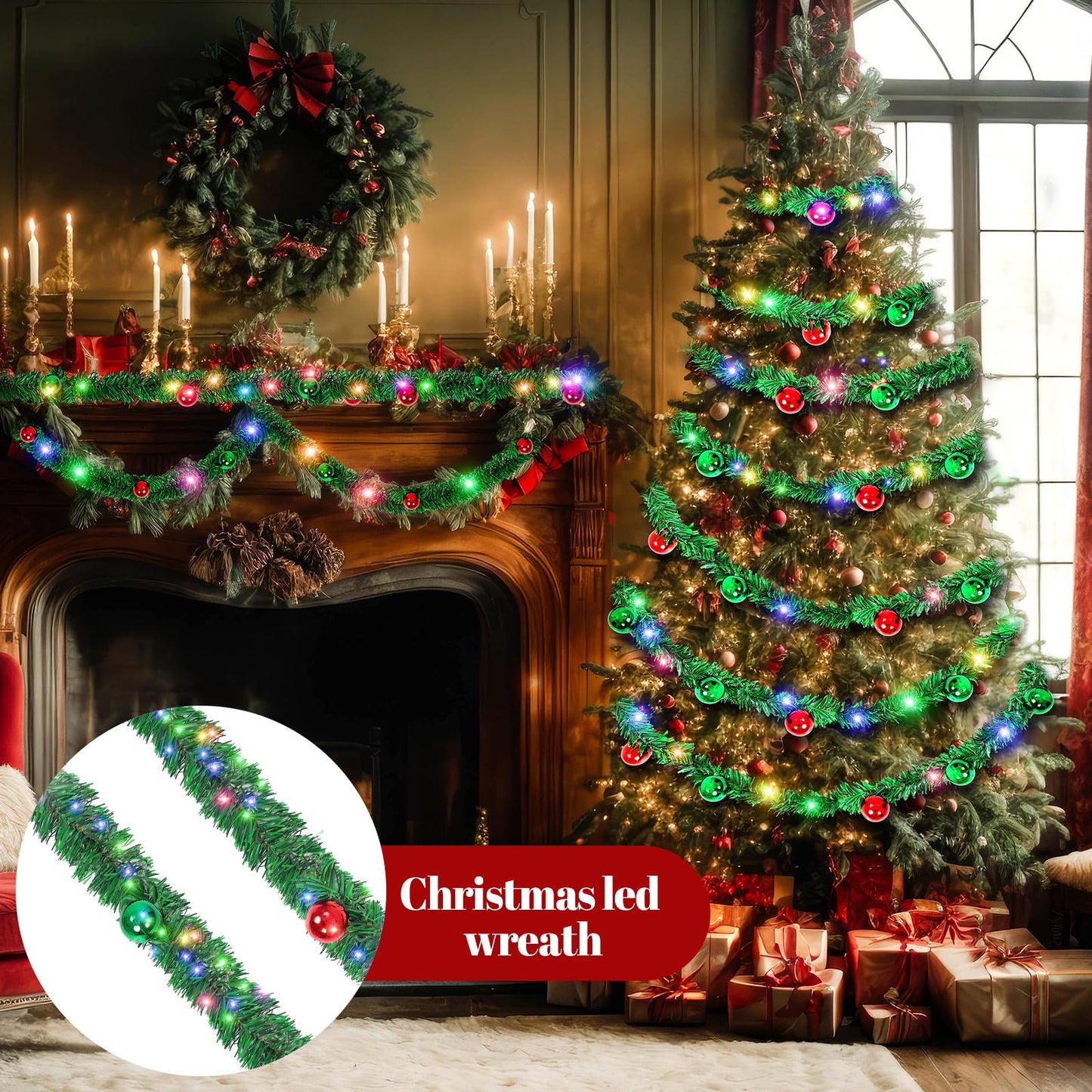 60 ft Prelit Christmas Garland with Lights Lighted Artificial Pine Garlands with 40 Balls Outdoor Christmas Garlands Hanging Garland for Fireplace Mantle Stair Railing Holiday Decorations