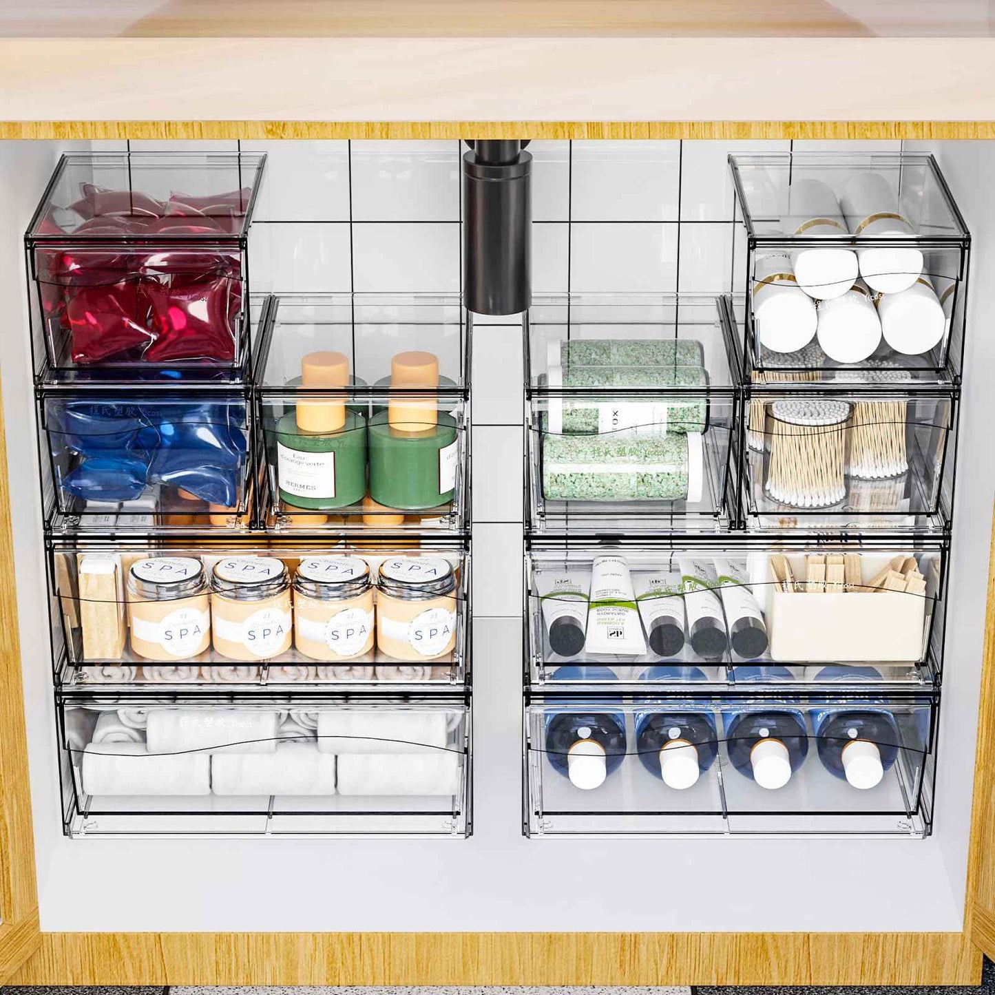 2 Pack Clear Stackable Storage Drawers,12"W Large Bathroom Makeup Organizer and Pen,Sunglass,Medicine,Baby Bottle Organizer,Plastic Pull Out Storage Bins,for Desk,Under Cabinets,Vanity Countertop