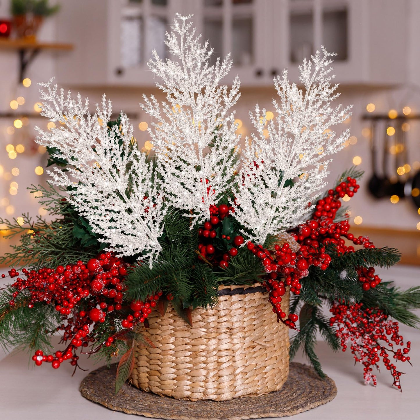 Giegxin 48 PC Christmas Glitter Artificial Pine Needles Pine Tree Twig Picks Branches for Wedding Tree Glittery Stem for Christmas DIY Wreath Garden Embellishing Garland Decoration(White)