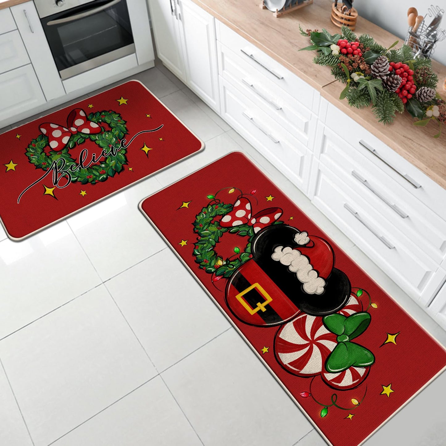 Tailus Christmas Believe Santa Mouse Red Kitchen Rugs Set of 2, Xmas Wreath Peppermint Candy Kitchen Mats Decor, Winter Holiday Floor Door Mat Home Decorations -17x29 and 17x47 Inch