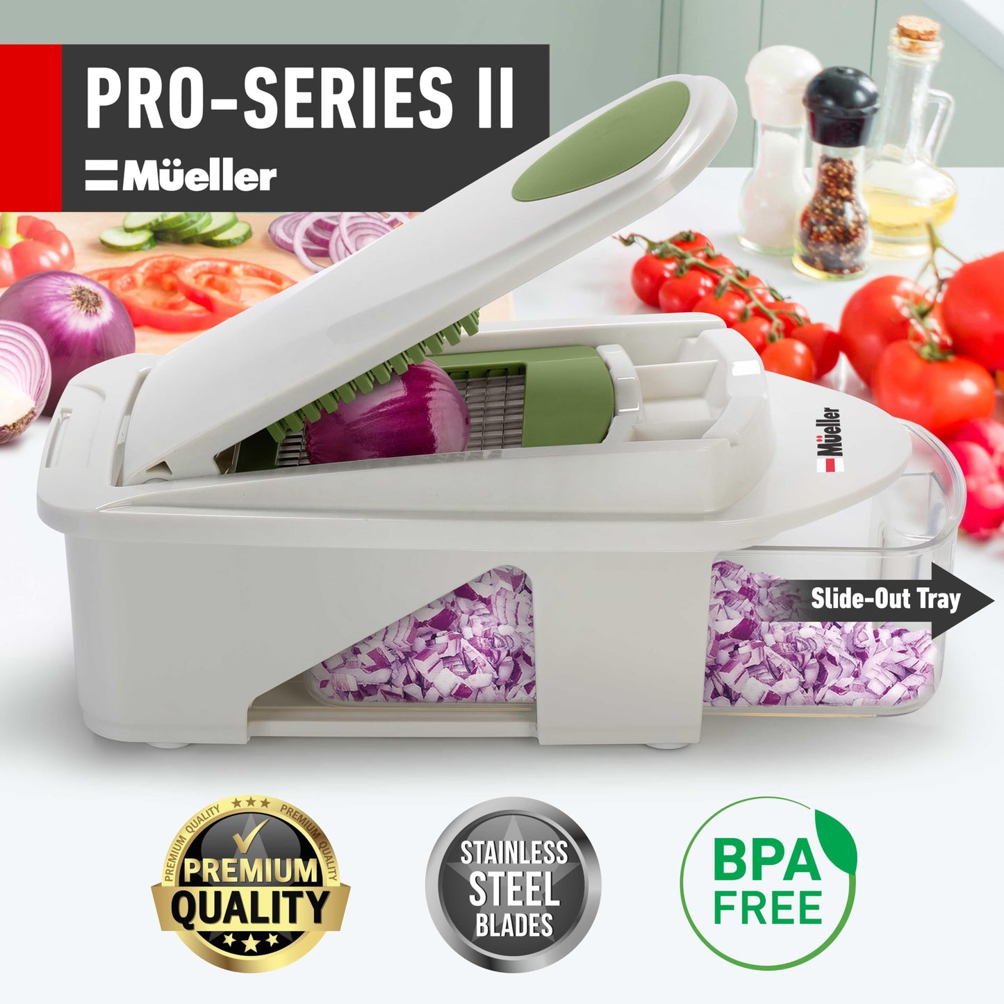 Mueller Pro-Series All-in-One, 12 Blade Mandoline Slicer for Kitchen, Food Chopper, Vegetable Slicer and Spiralizer, Cutter, Dicer, Grater, Mothers Day Gifts, Kitchen Essentials, White Sand/Green