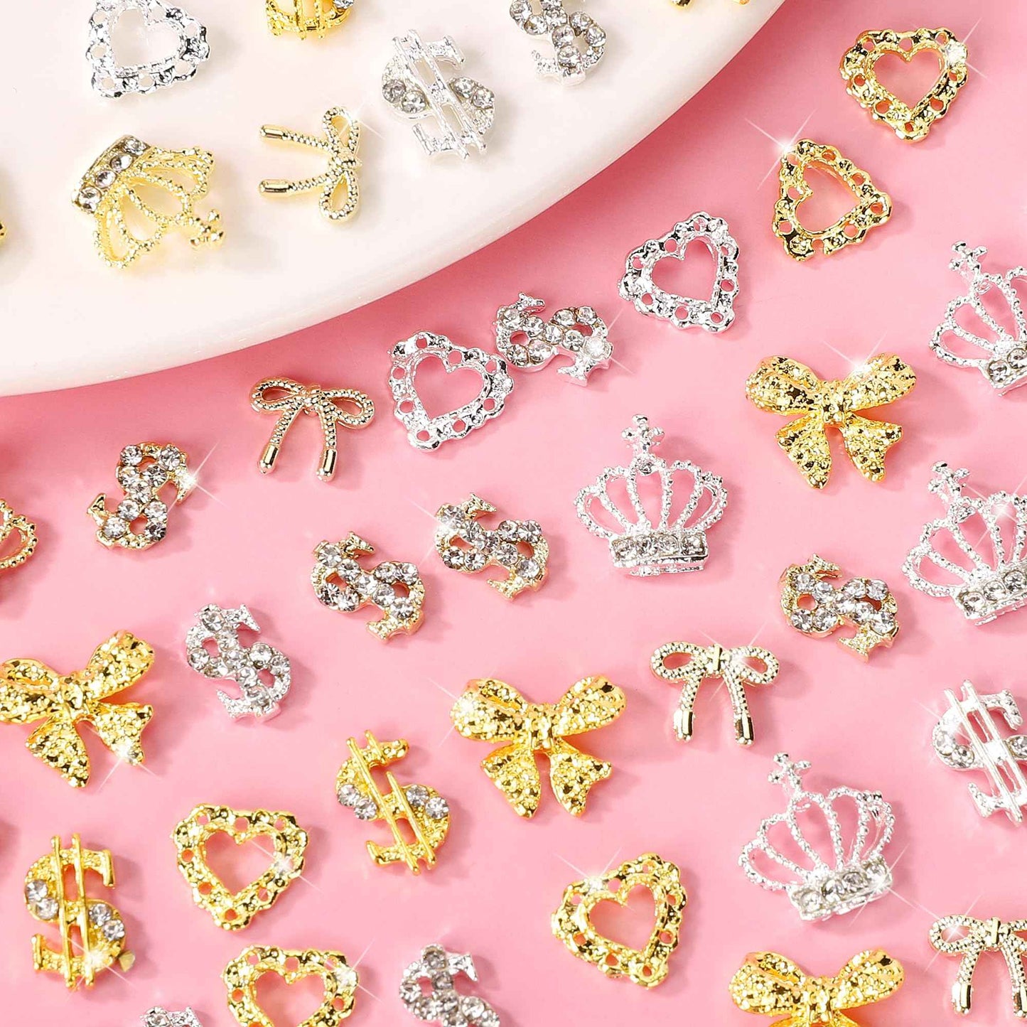 COOSLIM 20 Pcs 3D Metal Alloy Nail Charms Gems, Gold Silver Bowknots Heart Nail Gems,Dollar Crown Rhinestones for Nails, Luxury Nail Jewels Nail Art Supplies for Women DIY Nail Manicure Decor 3