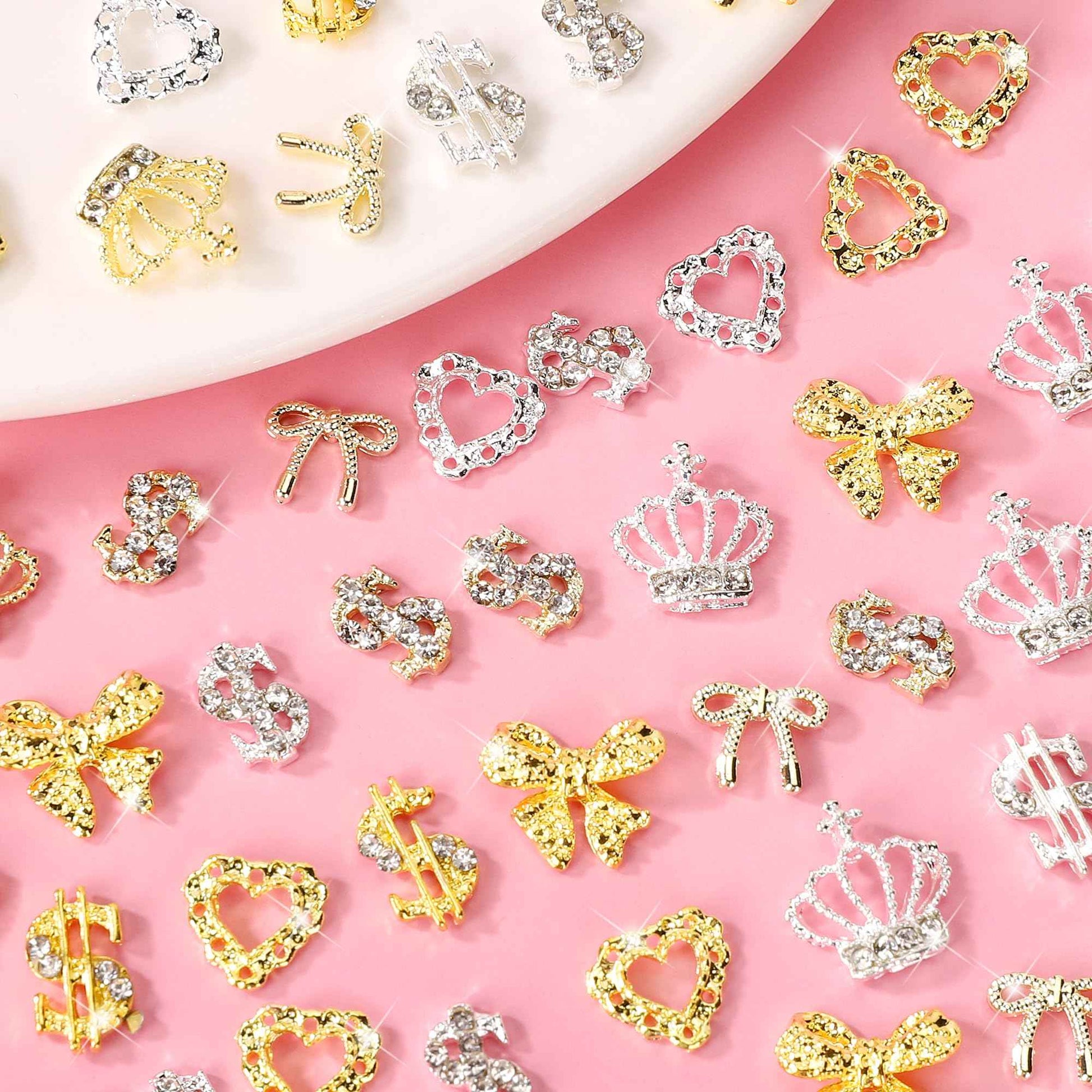 COOSLIM 20 Pcs 3D Metal Alloy Nail Charms Gems, Gold Silver Bowknots Heart Nail Gems,Dollar Crown Rhinestones for Nails, Luxury Nail Jewels Nail Art Supplies for Women DIY Nail Manicure Decor 3