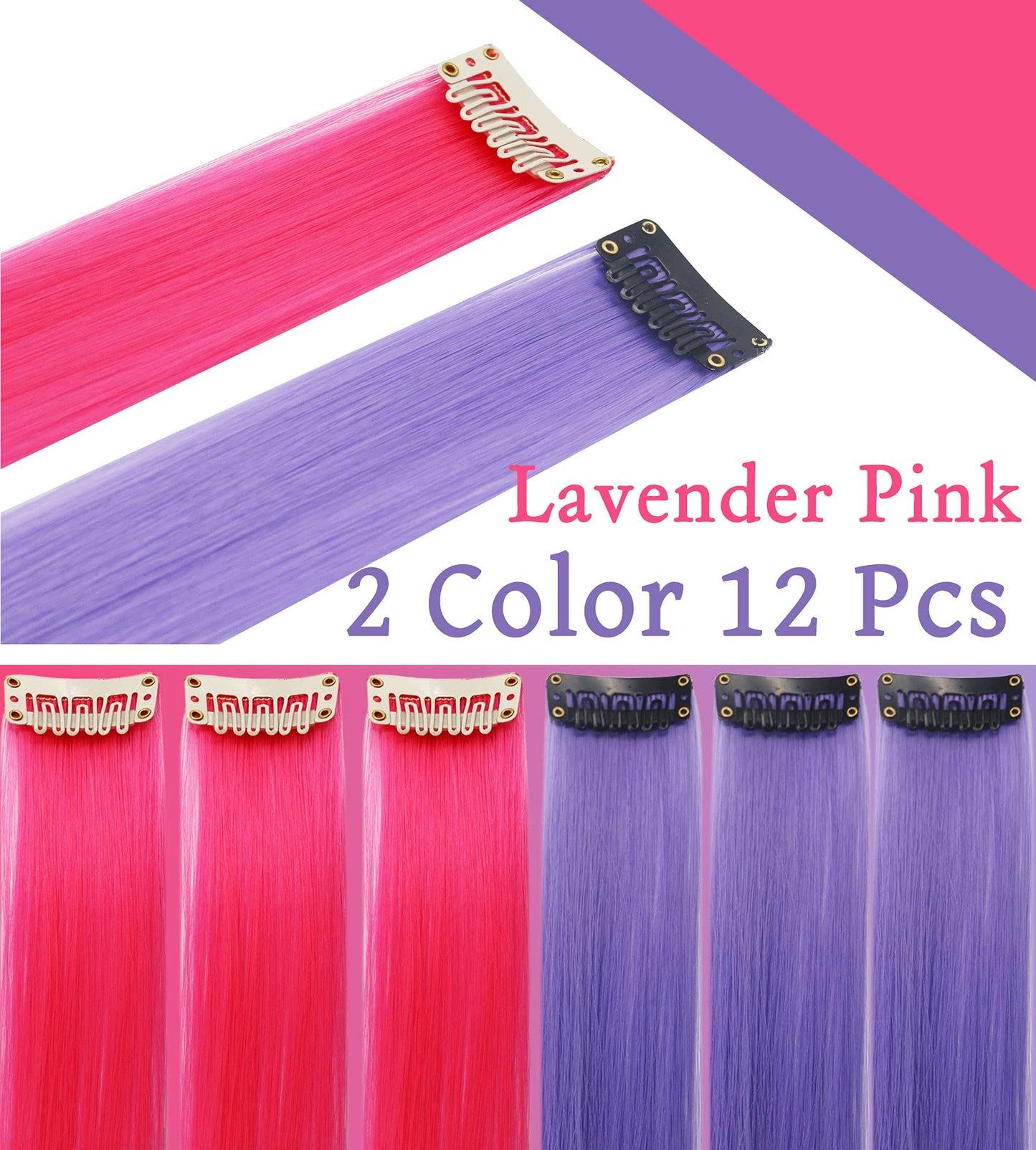 Rhyme Colored Hair Extensions Clip In 21 inch Straight Rainbow Hair Extensions Accessories For Girls Kids Women Birthday Festival Gift Party Highlights Rainbow Wig Pieces 12PCS (Pink Lavender)