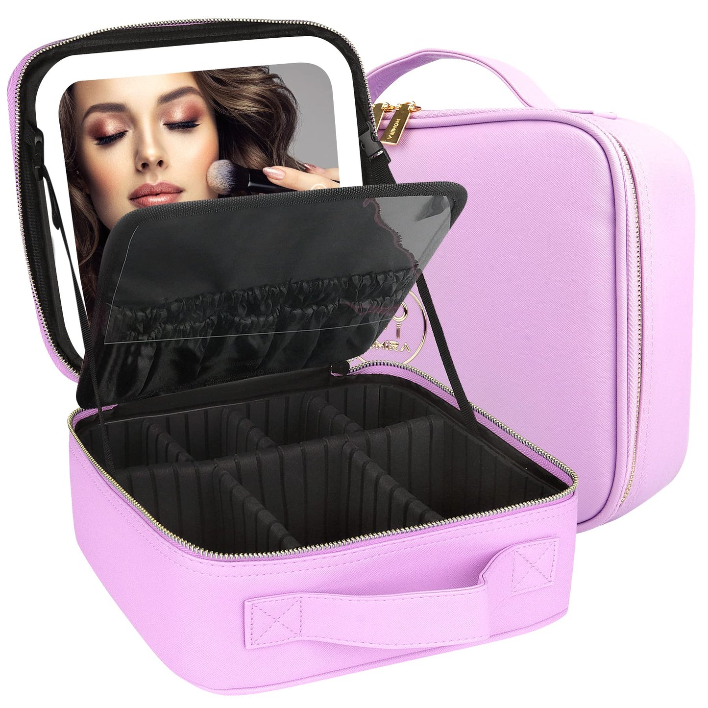 MOMIRA Makeup Bag with Mirror and Light Travel Makeup Train Case Cosmetic Bag Organizer Portable Artist Storage Bag with Adjustable Dividers Makeup Brushes Storage Organizer Purple