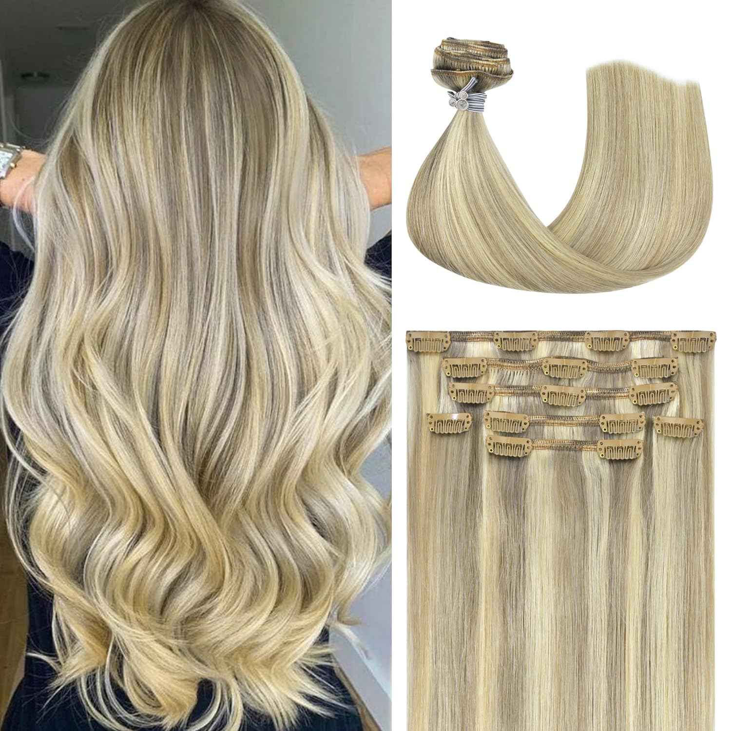 Honsoo Blonde Hair Extensions Clip In Balayage Hair Extensions Real Human Hair Mixed Bleach Blonde 15inch 70g 7pcs Straight Silky Blonde For Women Natural Hair