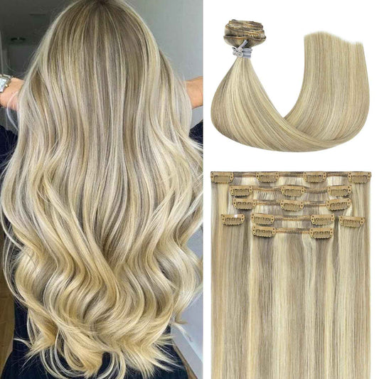 Honsoo Blonde Hair Extensions Clip In Balayage Hair Extensions Real Human Hair Mixed Bleach Blonde 15inch 70g 7pcs Straight Silky Blonde For Women Natural Hair