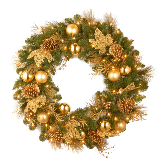 National Tree Company Pre-Lit Artificial Christmas Wreath, Green, Elegance, White Lights, Decorated with Pine Cones, Berry Clusters, Ball Ornaments, Christmas Collection, 24 Inches