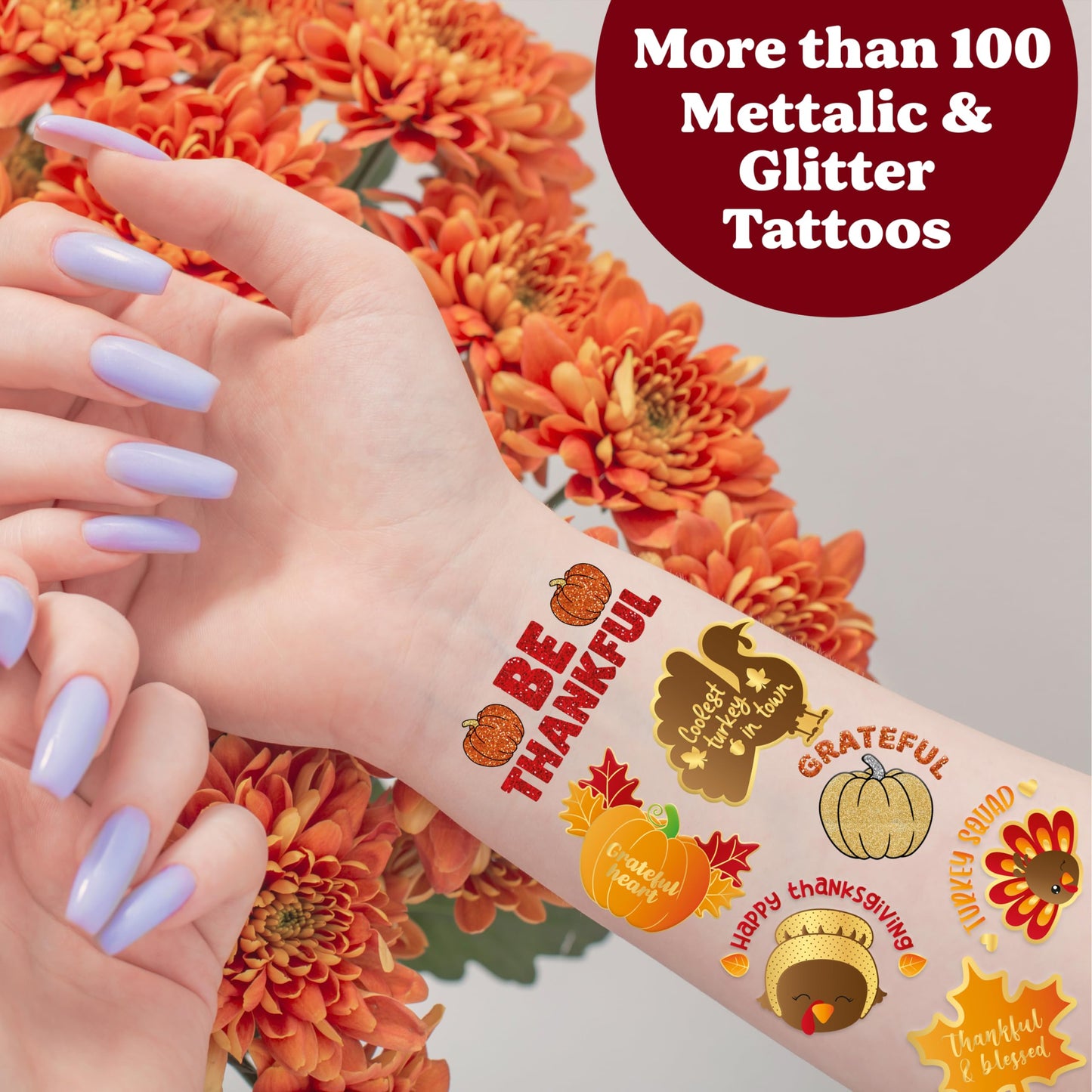 Thanksgiving Party Supplies Temporary Tattoos Glitter & Metallic. Face Tattoos for Kids & adults. Thanksgiving Goodie Party Favors. Fall Activities.Give Thanks, Blessed, Turkey, Pumpkins, Autumn Decor