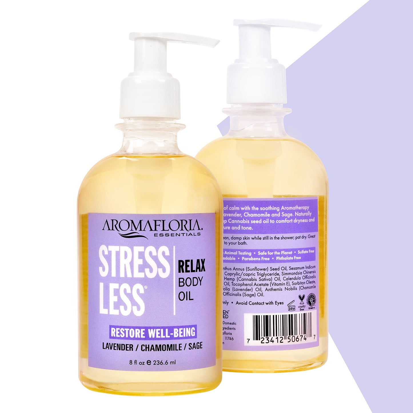 Aromafloria Stress Less Body Oil - Lavender, Chamomile, Sage Oil Scented - Body Massage Oil for Men & Women - 8.0 FL Oz Bottle