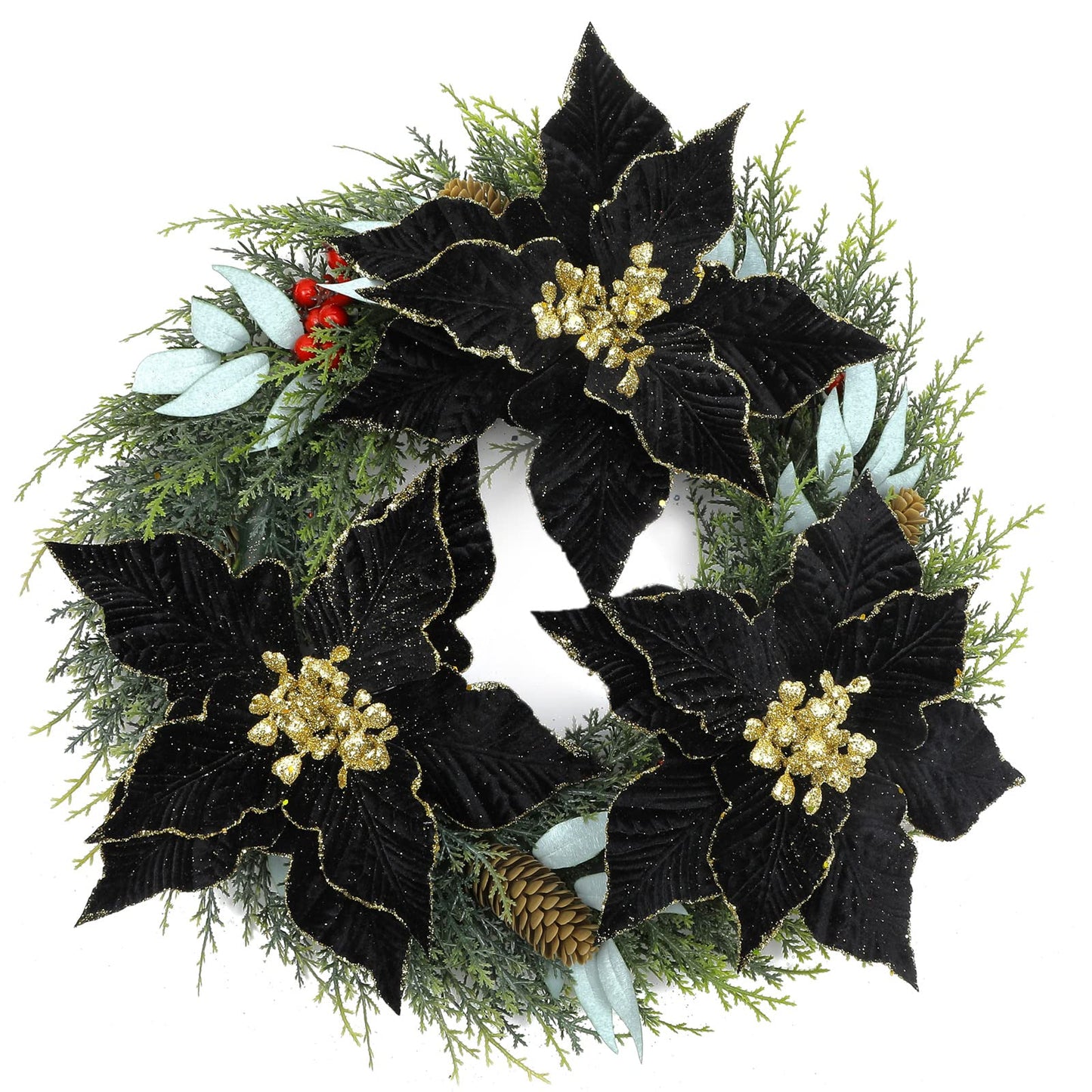 SHACOS 10 pcs 9.8" Large Glitter Poinsettia Flowers Stems Clips Velvet Fabric Floral Picks Christmas Flowers Christmas Tree Ornaments Wreath Garland Decoration, Black