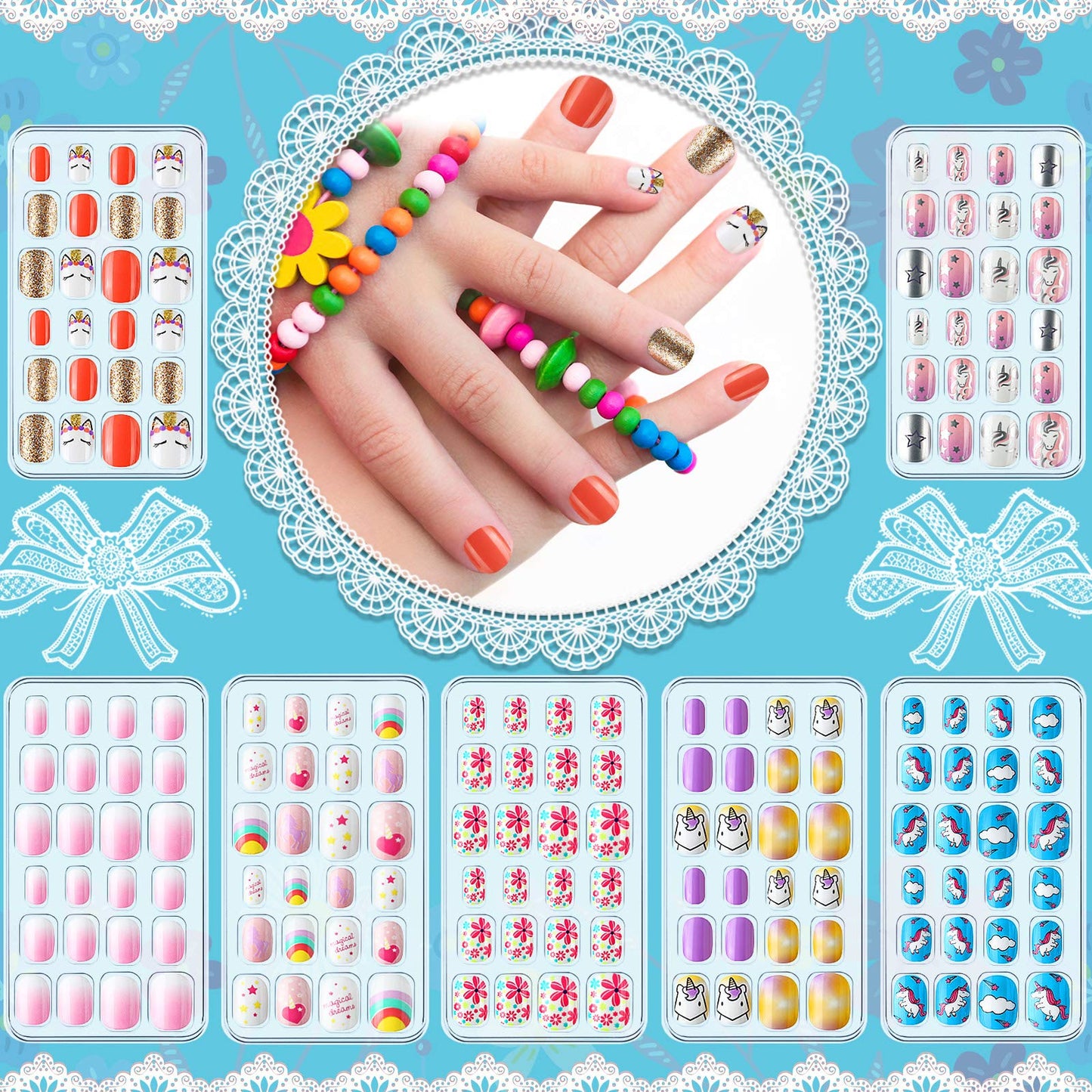 384 Pieces Kids Press on Nails Mini False Nails with Designs Press on Nails for Kids Stick on Short Fake Nails for Christmas Nail, 16 Boxes (Rabbit, Unicorn)