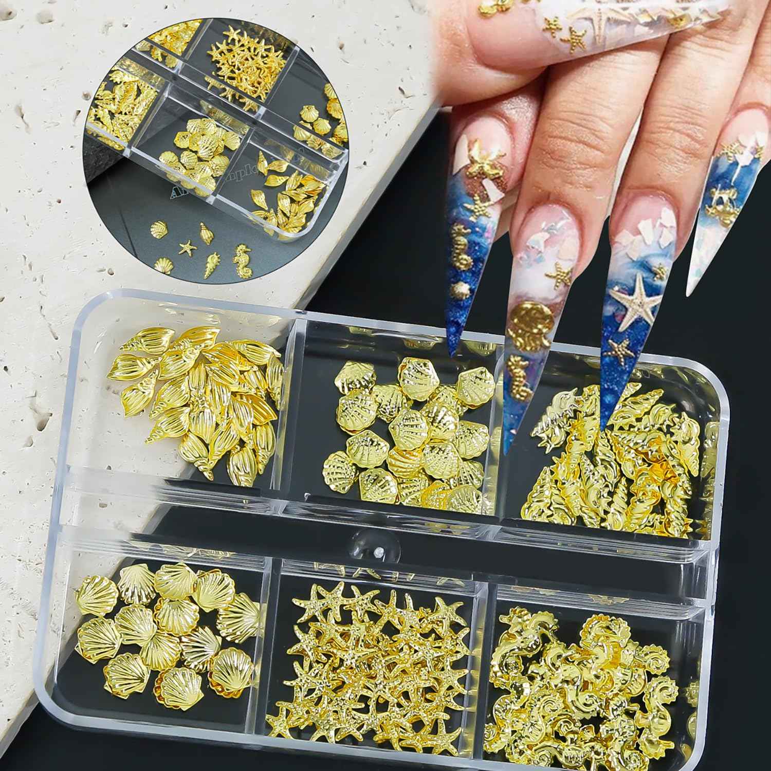 Summer Nail Charms and Gems Cute Shells Conchs Seahorse Starfish Nail Art Charms Gold Flat Back Gold Nail Rhinestones Summer Ocean Beach Nail Decoration Marine Life Rhinestones for Nails DIY Designs