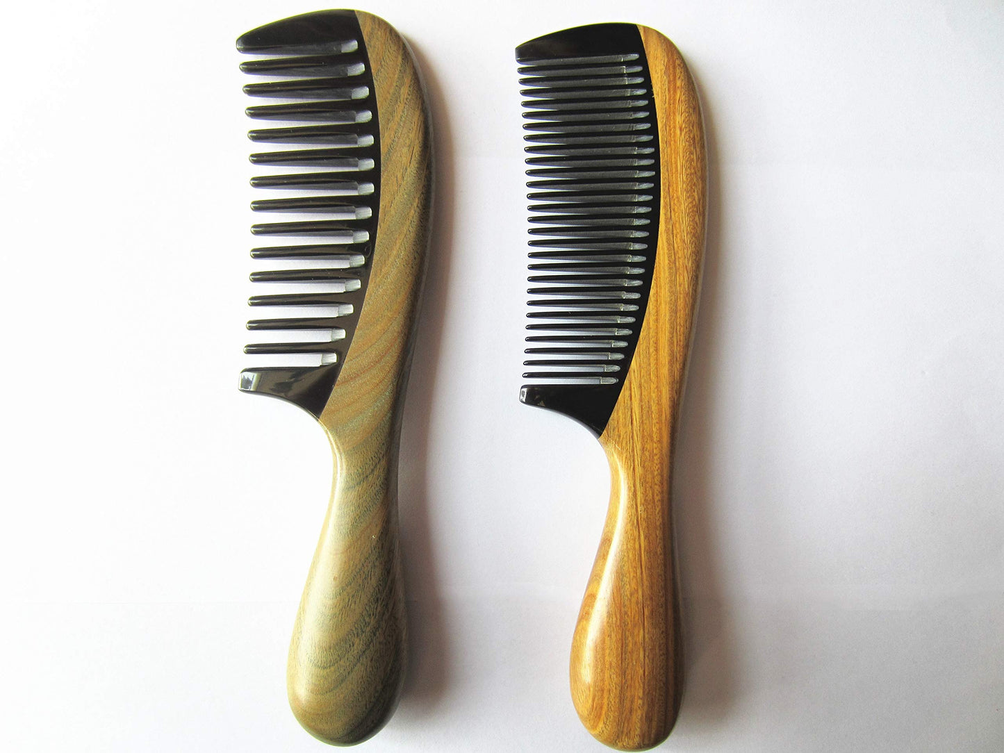 Myhsmooth GBZBYBMT Handmade No Static Black Buffalo Horn Comb with Rounded Green Sandalwood Handle (Pack of 2 Pcs:Wide Tooth and Standard Tooth)