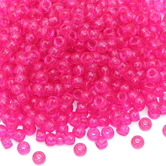 Auvoau 1000Pcs Pony Beads Bracelet 9mm Hot Pink Glitter Plastic Barrel Pony Beads for Necklace,Hair Beads for Braids for Girls,Key Chain,Jewelry Making (Hot Pink Glitter)