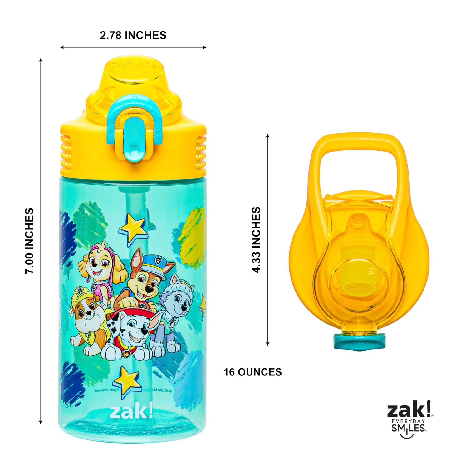 Zak Designs Sage PAW Patrol Water Bottle For School or Travel, 16oz Durable Plastic Water Bottle With Straw, Handle, and Leak-Proof, Pop-Up Spout Cover (Chase, Marshall, Skye, Rubble, Everest)