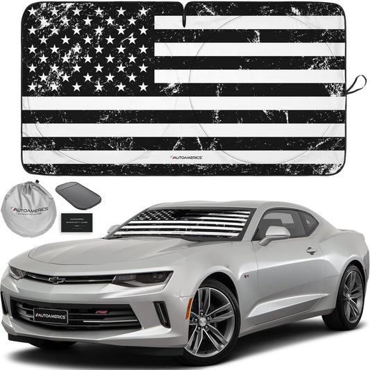 Autoamerics 1-Piece Windshield Sun Shade Grunge B&W American Flag USA Design - Foldable Car Front Window Sunshade for Most Sedans SUV Truck - Blocks Max UV Rays and Keeps Your Vehicle Cool - Small