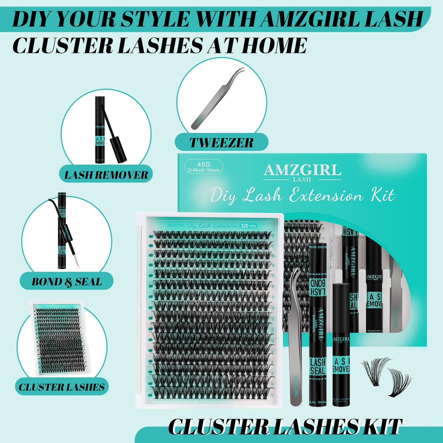 Lash Extension Kit 320Pcs,DIY Individual Lashes Clusters Kit,Lash Bond And Seal,Lash Remover For Eyelashes Extensions,Lash Applicator Tool For False Eyelash Cluster Kit At Home(40D,D-Mix9-16mm Kit)