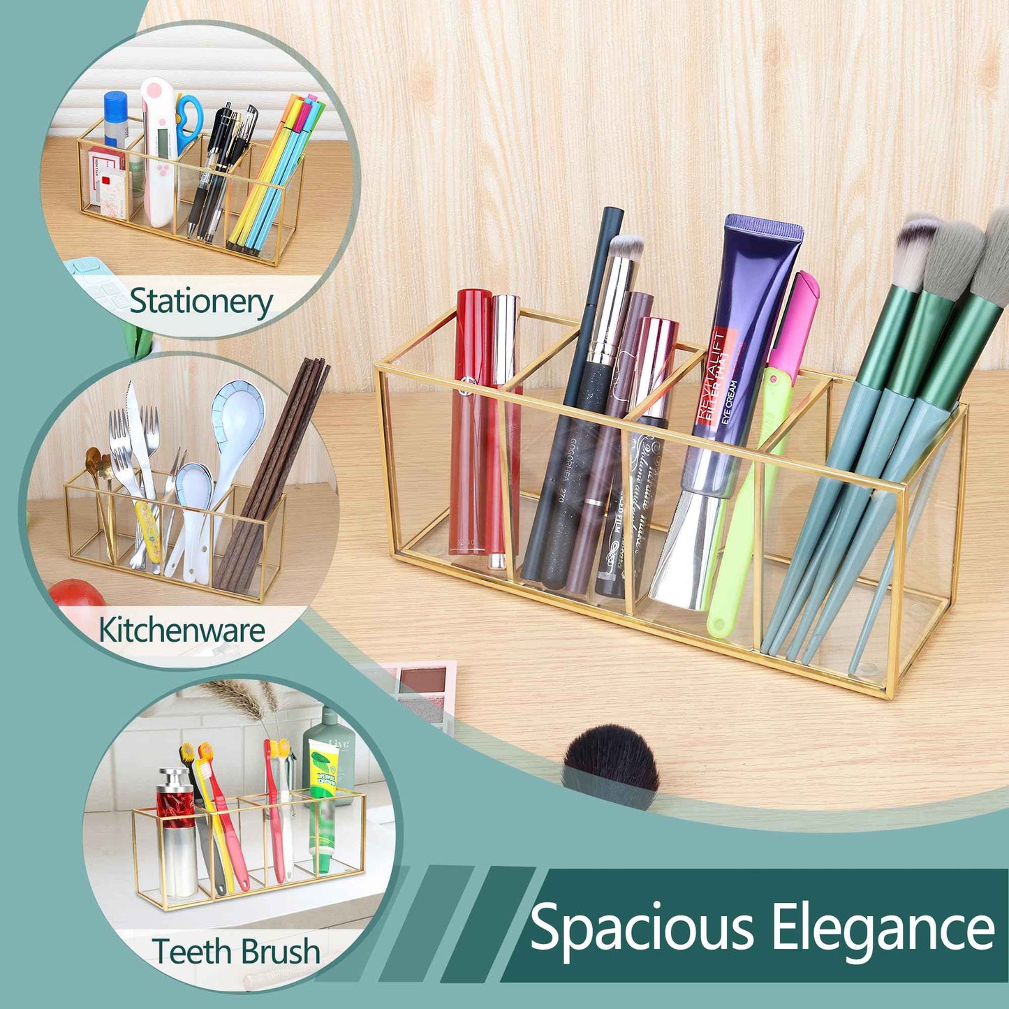 ELEGANTLIFE Clear Glass Makeup Brush Organizer,Luxurious Tempered Glass Cosmetics Brushes Storage Holder for Refined Bathroom Decor (Gold, 4 Sections)