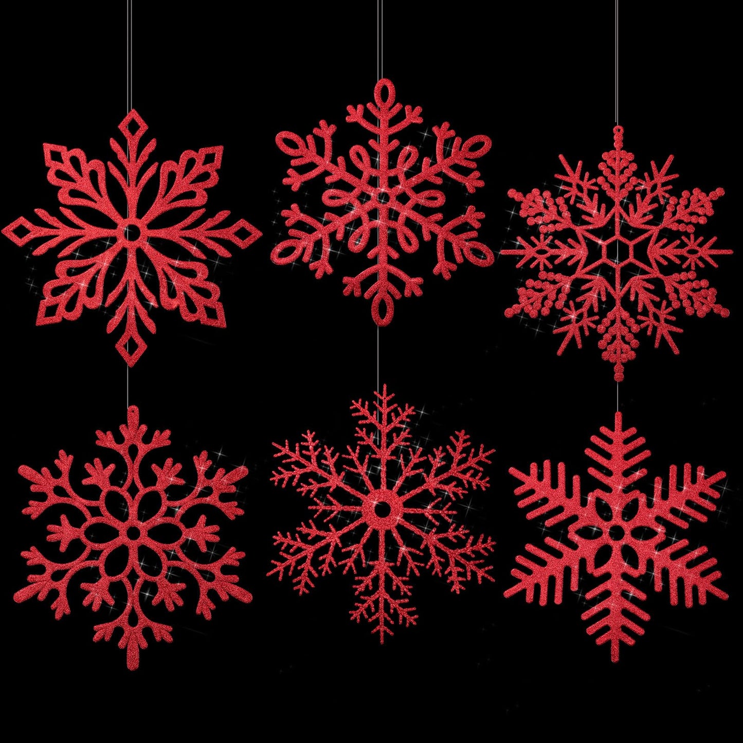 Sratte 16 Inch Large Snowflake Ornaments Giant Glitter Decorative Hanging Snowflakes 6 Designs Christmas Decorative Hanging Ornaments Winter Window Decor Snowflakes with Nylon Thread(Red,24 Pcs)