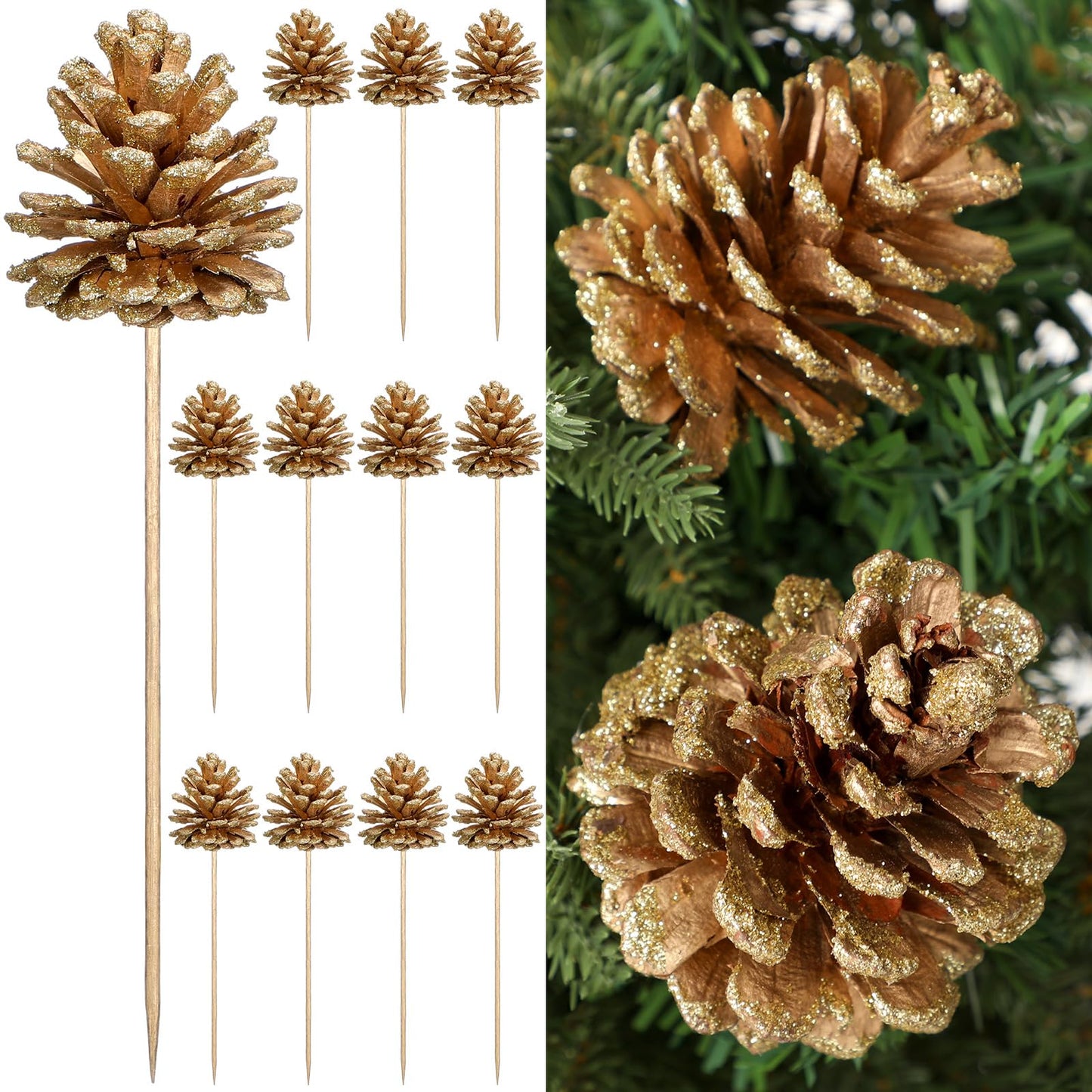 Thiccywoov 12 Pcs Christmas Pine Cones Picks Gold Glitter 2.4 x 3.15 Inches Pinecone with Wired Pick Artificial Christmas Tree Decorations Ornaments Holiday Centerpiece for Craft Garland Wreath DIY