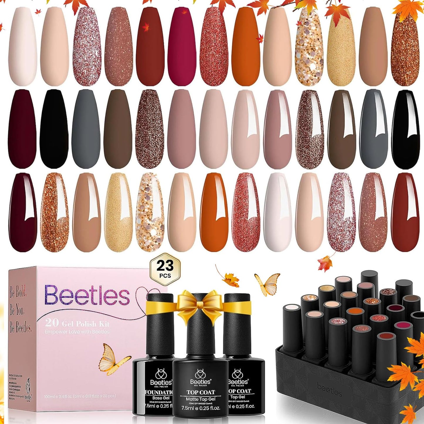 Beetles 23Pcs Gel Nail Polish Kit, 20 Fall Colors Nude Pink Brown Burgundy Red Gel Polish Set with Base Top Coat Verse of Roses Kit, Soak off Uv Golden Glitter Holiday Nail Gel