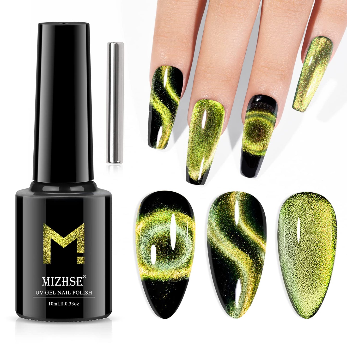 MIZHSE 9D Cat Eye Gel Nail Polish 10ml, Holographic Galaxy Cateye Magnetic Nail Polish Gel, Magic Chameleon Manicure Set(Yellow&Green)