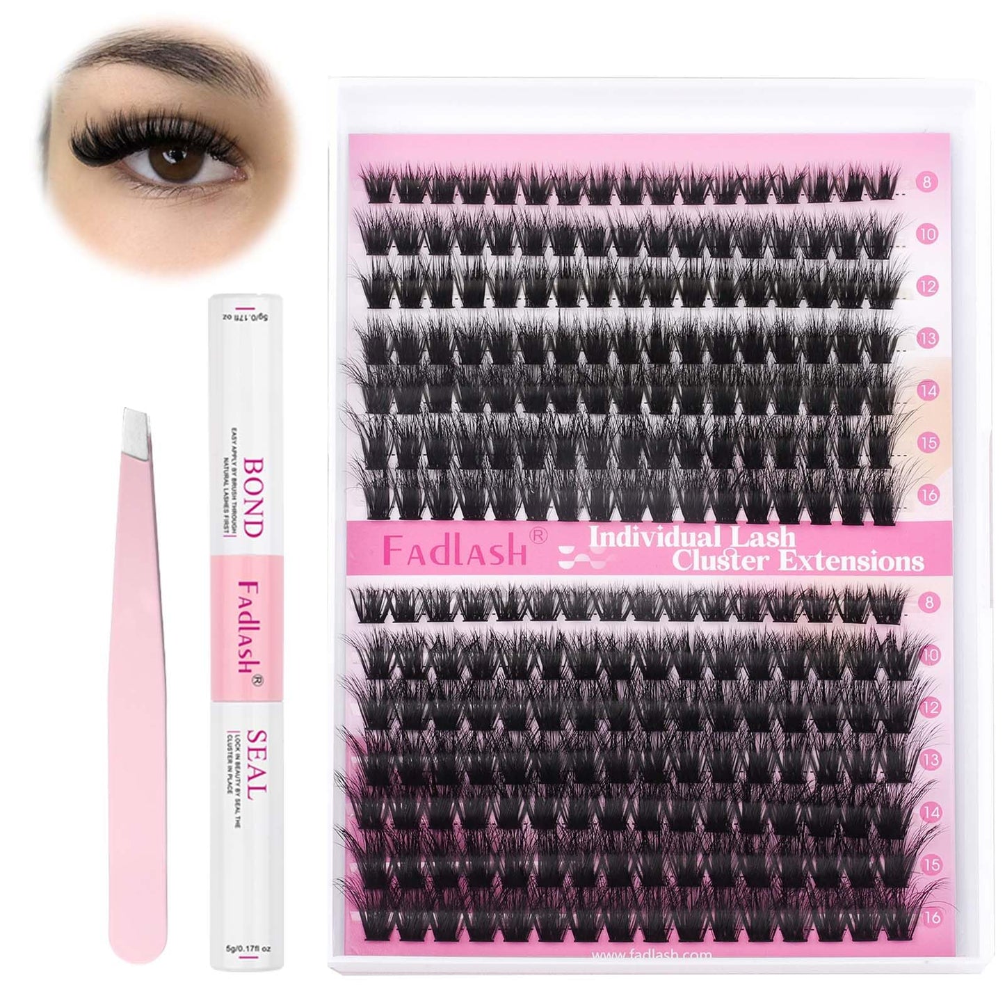 FADLASH Lash Extension Kit 80D+100D Lash Clusters D Curl Lash Cluster Kit DIY Eyelash Extension Kit with Lash Bond and Seal Lash Tweezers 3D Effect fluffy Cluster Lashes(80+100D Kit, Mix 8-16mm)