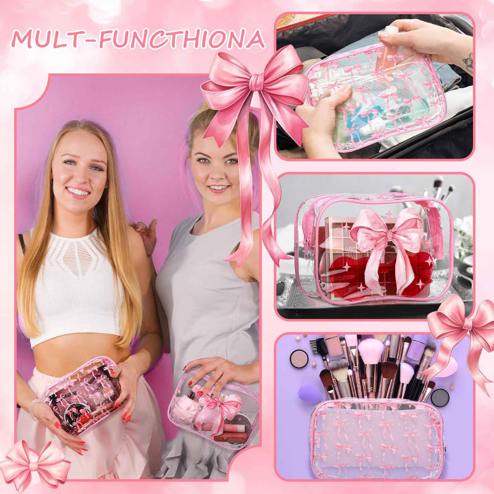 Kacctyen Pink 10 Bow Clear Makeup Bag Coquette Cosmetic Bag for Women Girl Christmas Preppy Bow Gift Accessories PVC Waterproof Travel Toiletry Pouch for Stocking Stuffer Bridal Wedding