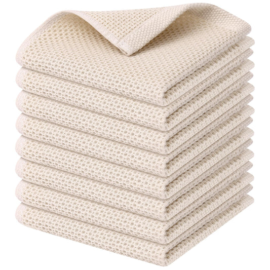 Kitinjoy 100% Cotton Kitchen Dish Cloths, 8 Pack Waffle Weave Ultra Soft Absorbent Dish Towels for Drying Dishes Quick Drying Kitchen Towels Dish Rags, 12 X 12Inch, Beige