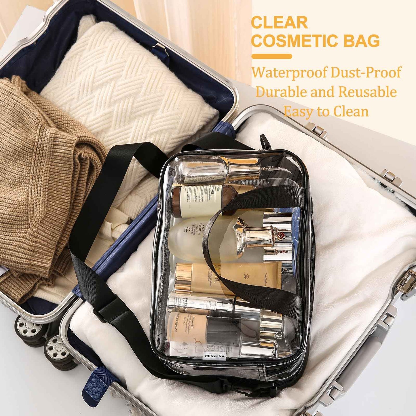Officentra Clear Toiletry Bag for Women with Zipper–Clear Makeup Bag with Shoulder Strap & Handheld Handles – Stadium Bags for Women with Wet/Dry Compartments for Concerts, Travel, Work & Sports