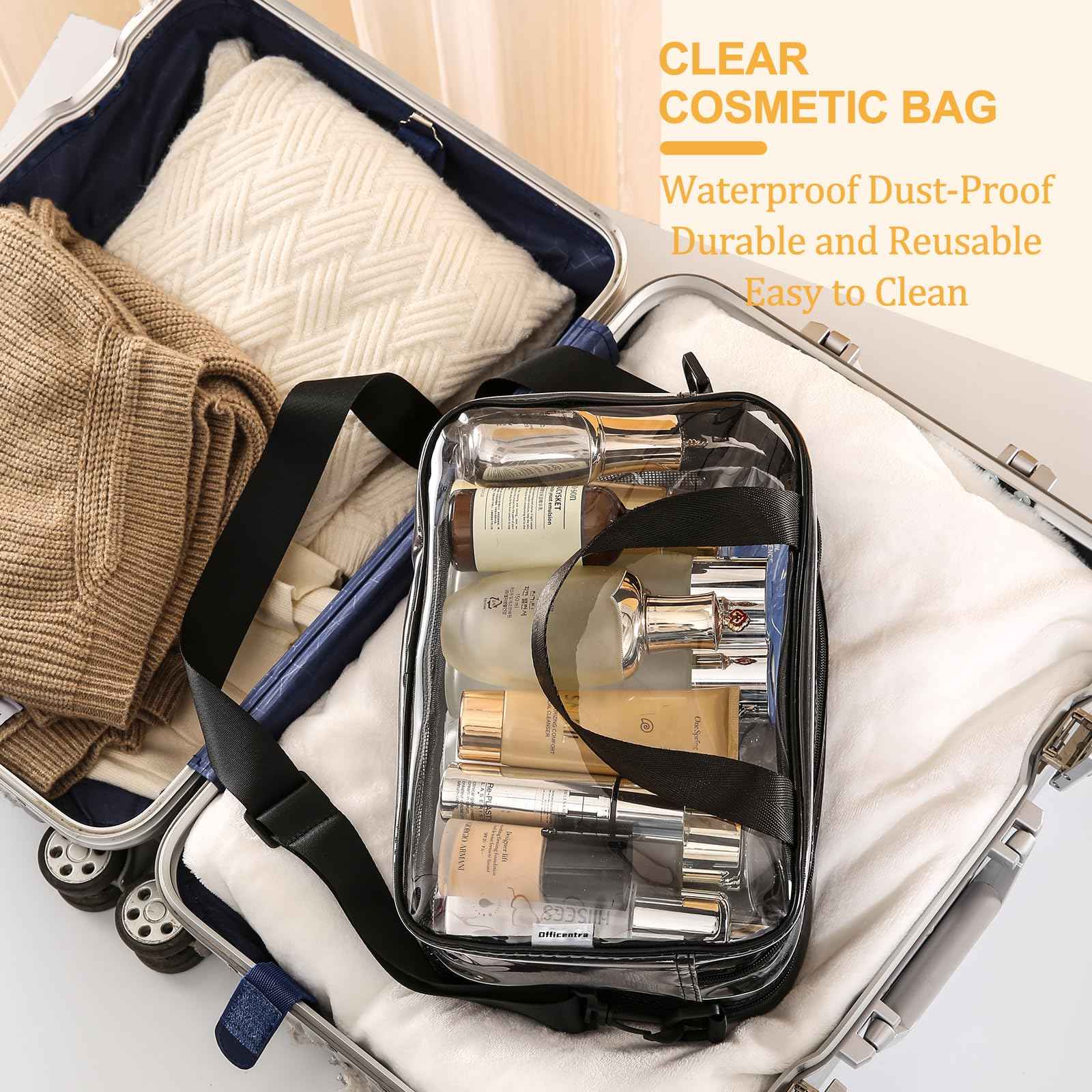 Officentra Clear Toiletry Bag for Women with Zipper–Clear Makeup Bag with Shoulder Strap & Handheld Handles – Stadium Bags for Women with Wet/Dry Compartments for Concerts, Travel, Work & Sports