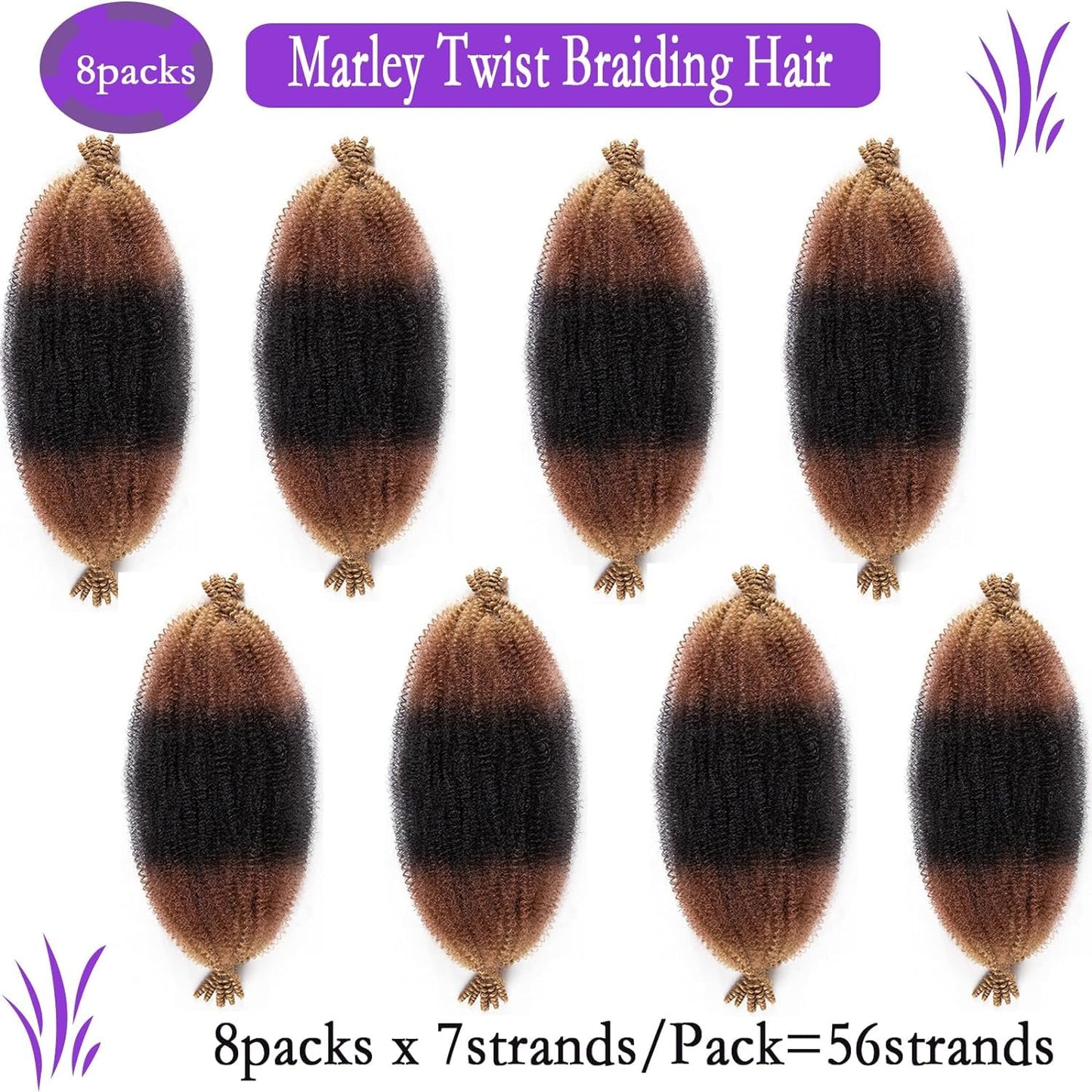 Marley Twist Braiding Hair Afro Twist Hair 12Inch Ombre Brown Springy Afro Twist Hair 8Packs Kinky Twist Hair Spring Twist Hair Synthetic Marely Hair CubanTwist Hair Wrapping Hair for Soft Locs