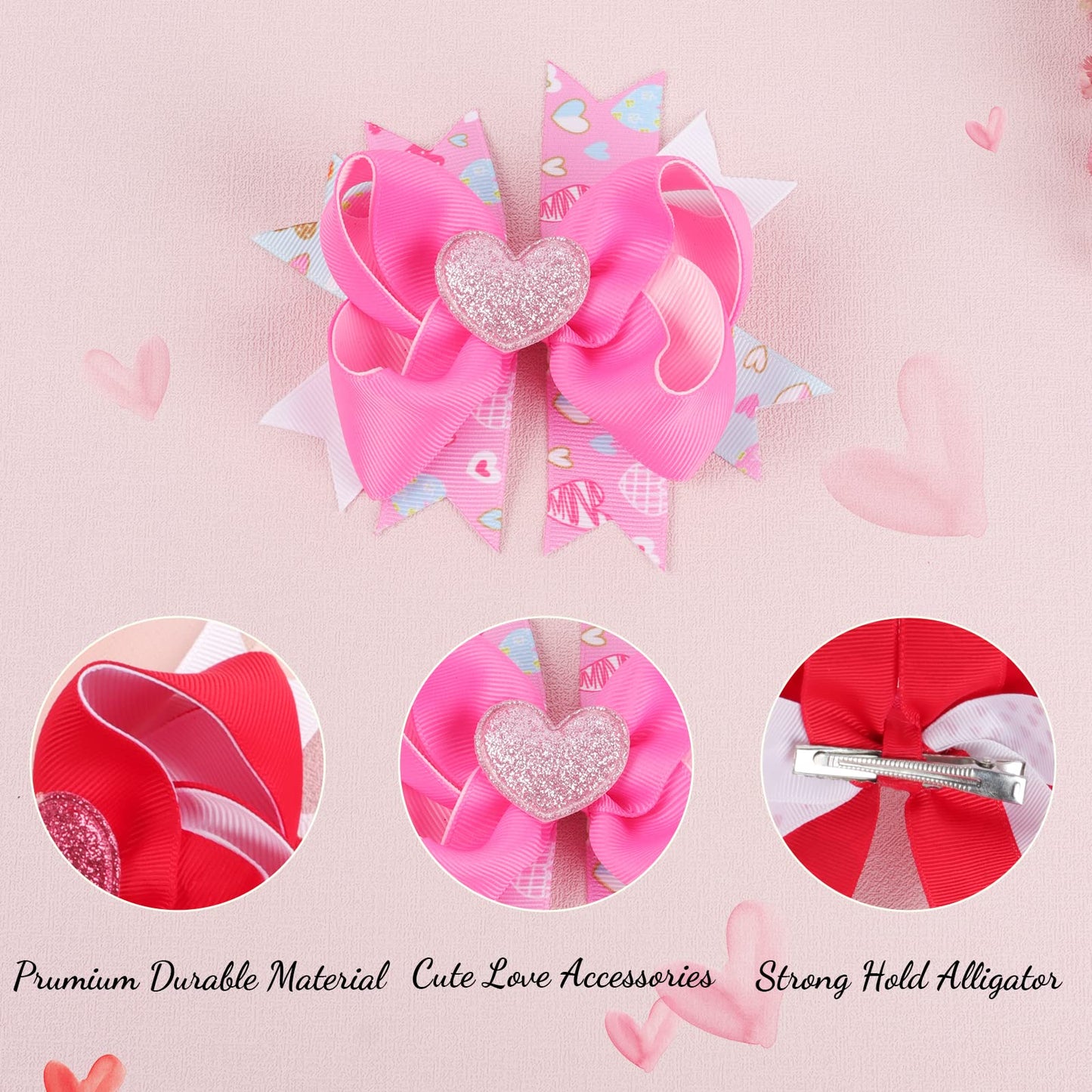 3Pcs Valentine's Day Bows Clips Mother's Day Hair Bows Gift Pink Bowknot Love Heart Pattern Headwear Hairpin Alligator Clips Bows for Girls Toddlers Kids Womens (Valentine's Hair Bows - 5)