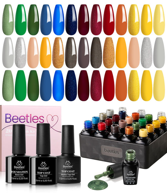 Beetles Fall Gel Nail Polish, 23Pcs Magic Academy Collection Green Blue Red Orange Yellow Glitter Gel Polish with Base & Top Coat Soak Off Uv LED Nail Lamp Gel Nail Manicure DIY Home Salon