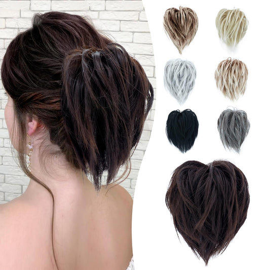 Lynclare Messy Bun Hair Piece Wavy Synthetic Hair Extension，Curly messy Bun Scrunchie Extensions for Women， Chignon Tousled Updo Ponytail Hairpieces with Elastic Rubber（Medium Brown）