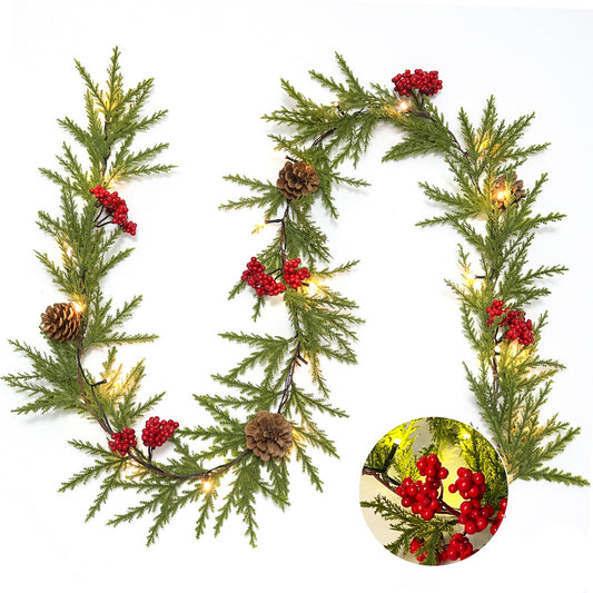 RECUTMS 6.5Ft Christmas Garland Decorations with Lights Artificial Red Berries and Pinecones Xmas Decorations for Home Wall Decor （Red Berries）