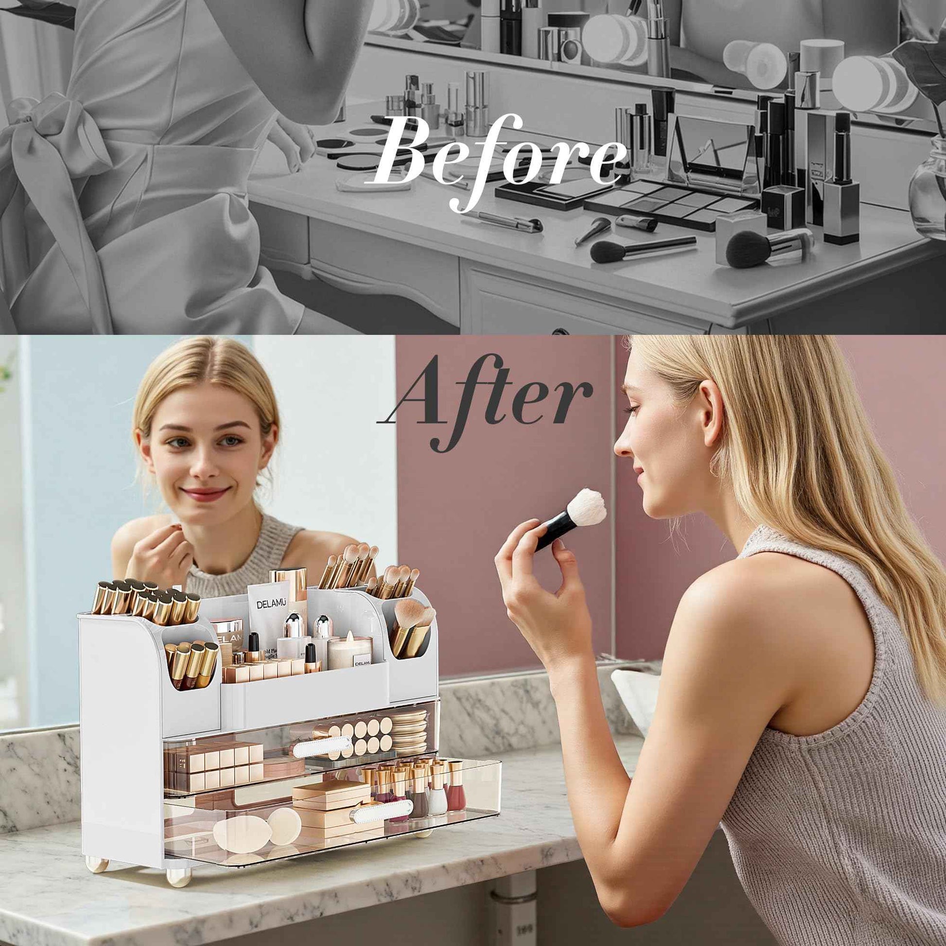 Delamu Makeup Organizer Countertop with 6 Brush Holder, Bathroom Countertop Organizer with 2 Large Drawers, Cosmetic Display Case for Vanity, Ideal Christmas Gifts for Women Girls, Light White