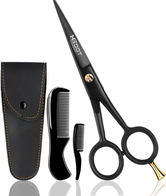 HB-DOT 5" Professional Mustache & Beard Scissors, German Stainless Steel Mustache Scissors, Black Mustache Scissors for Men with PU Leather Pouch and Comb set. Useful for all Type of Facial Hairs.