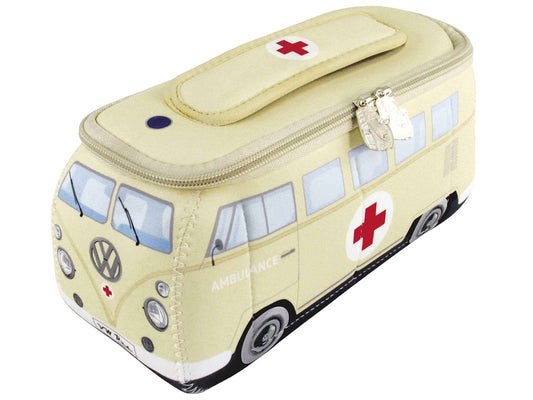 BRISA VW Collection - Volkswagen Neoprene Universal Makeup Cosmetics Toiletry Travel Pharmacy Bag in T1 Bus Design (Ambulance/Beige) (Large (11.8 x 5.5 x 4.7 inches))